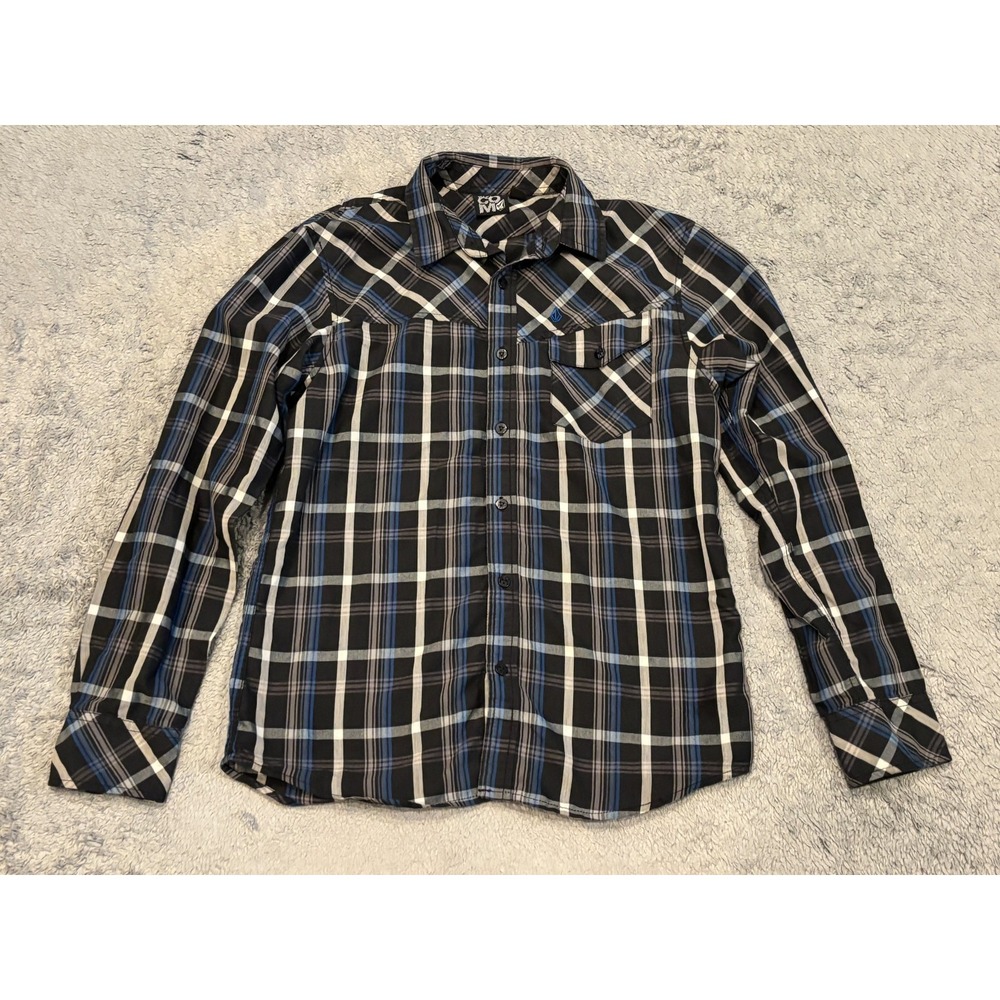 Volcom Mens Small Blue Plaid Long Sleeve Button Up Shirt Skate Surf Casual
